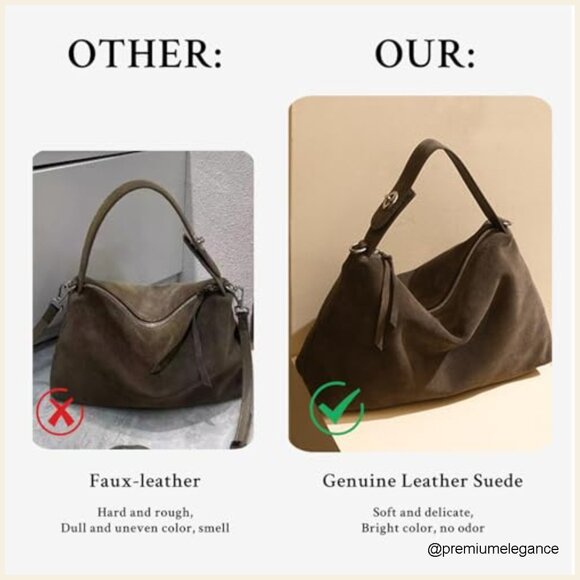 Genuine Leather Suede Hobo Tote Bag, Adjustable Strap, Large Capacity - Picture 4 of 7